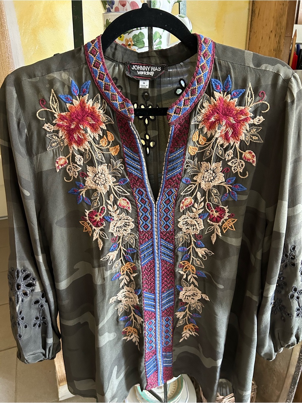 Johnny Was Silk Olive Camo Button-Front Shirt with Multicolor Floral Embroidery